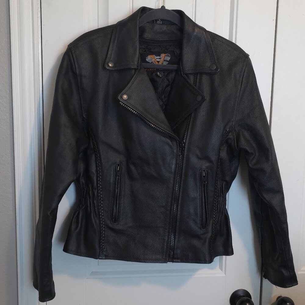 Vance Black Leather Premium Cowhide Braid Motorcycle Jacket - Woman's Size L - Picture 5 of 15